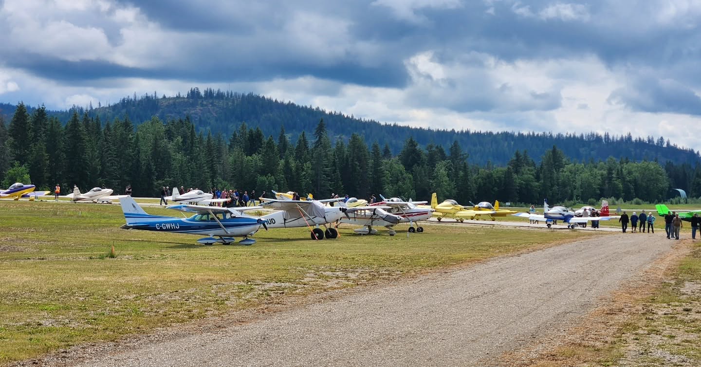 Aircraft lined up on the grass beside the airstrip during a fly-in, with forested hills behind